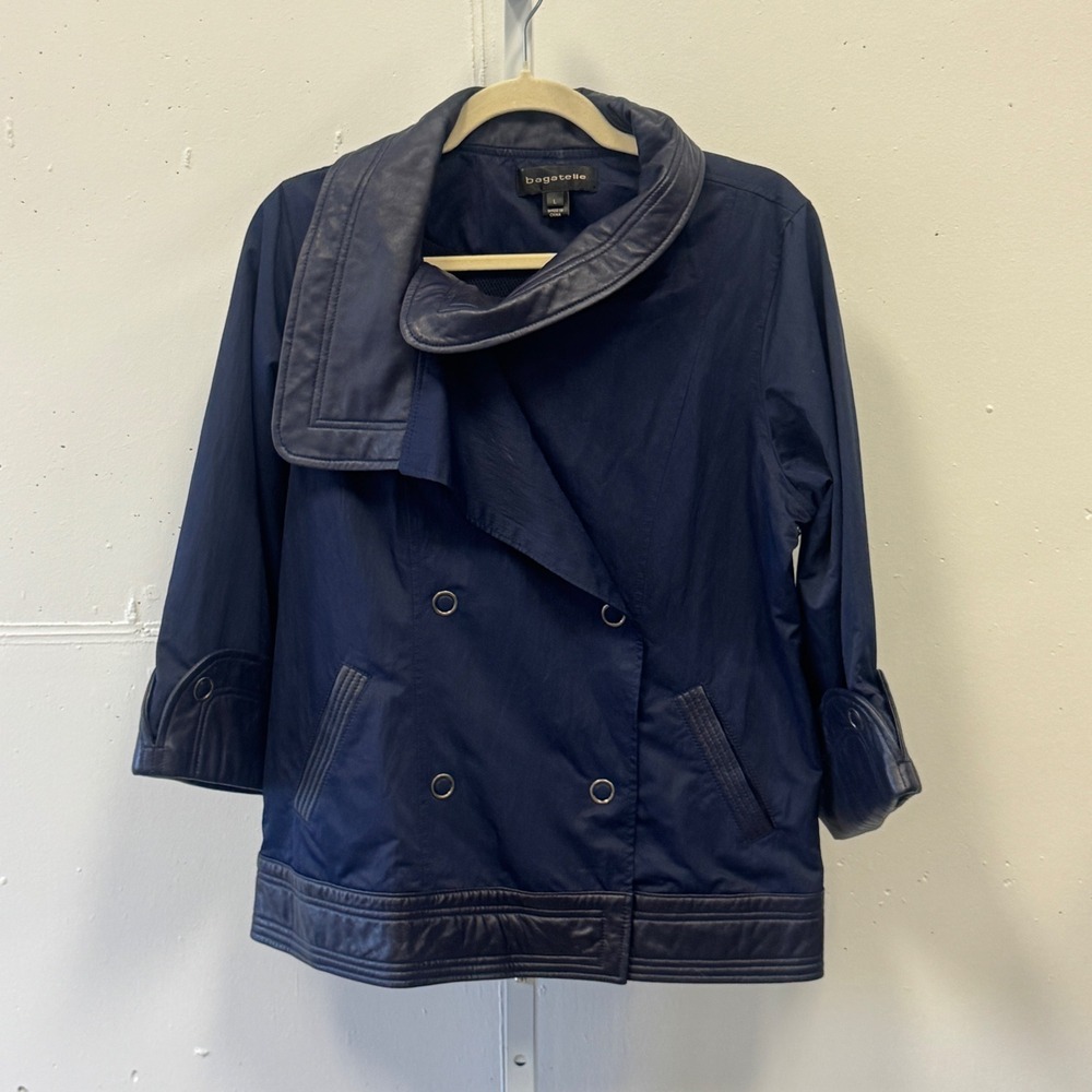 Bagatelle Navy Blue Leather Trim Double Breasted Jacket Style Women's Large